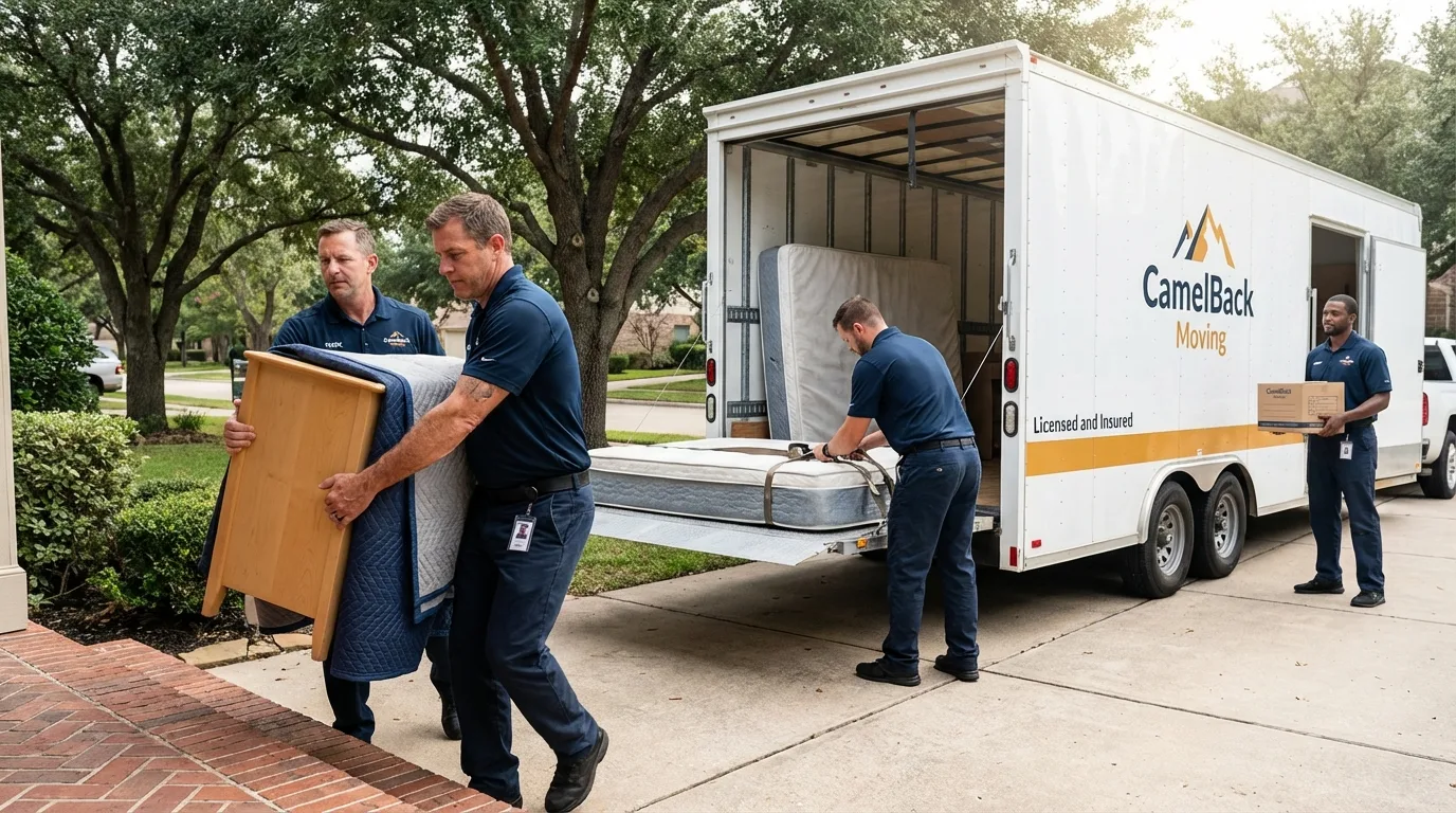 Crew loading residential truck for cross-state move from Livonia, LA