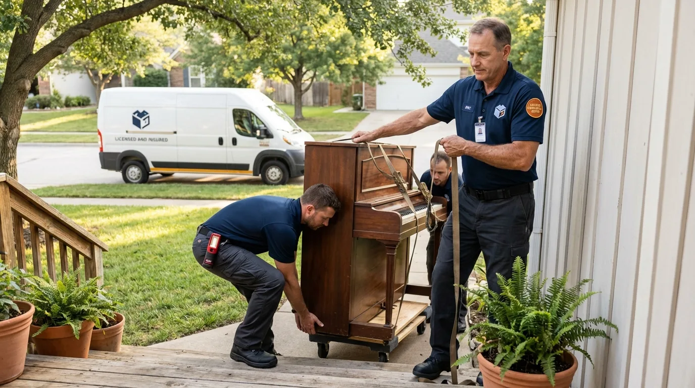 Licensed piano movers securing grand piano in Livonia, LA