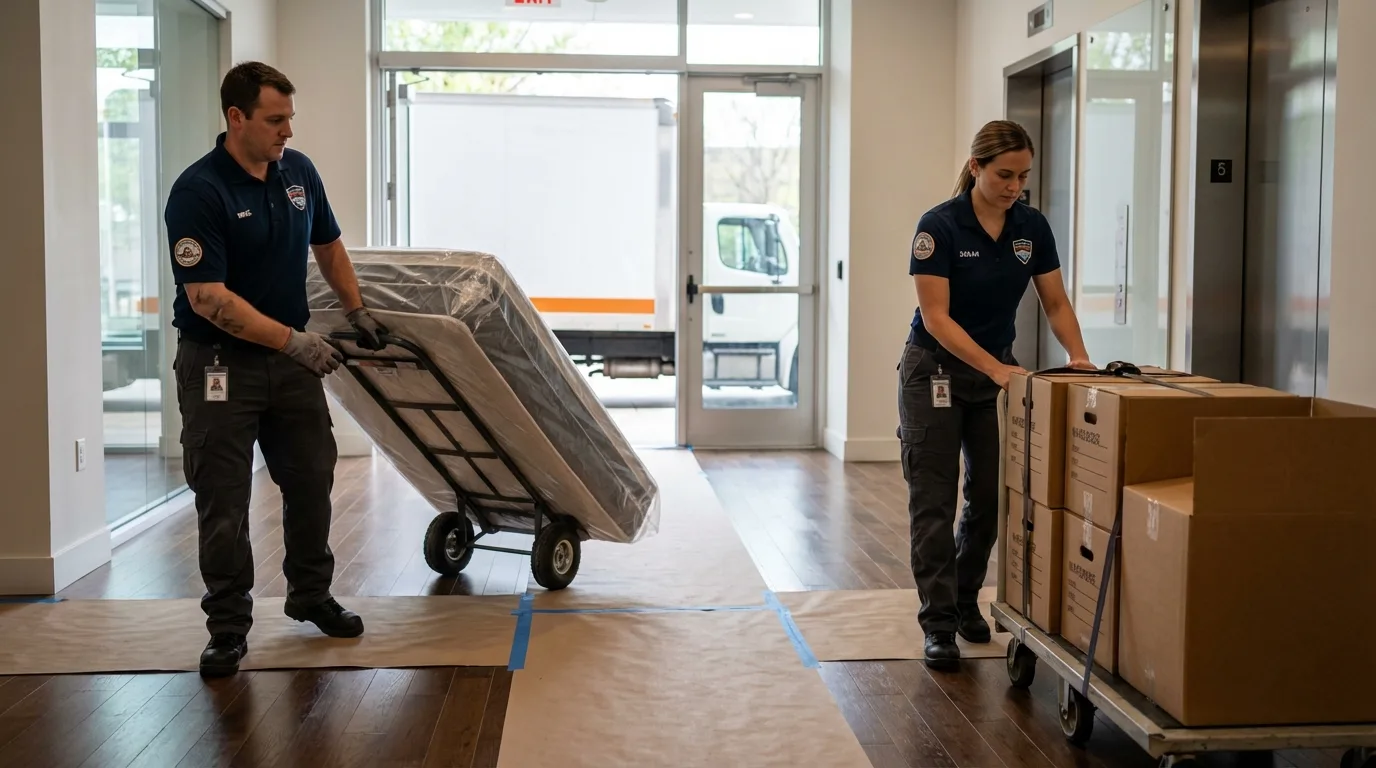 Professional apartment movers loading elevator in Livonia, LA